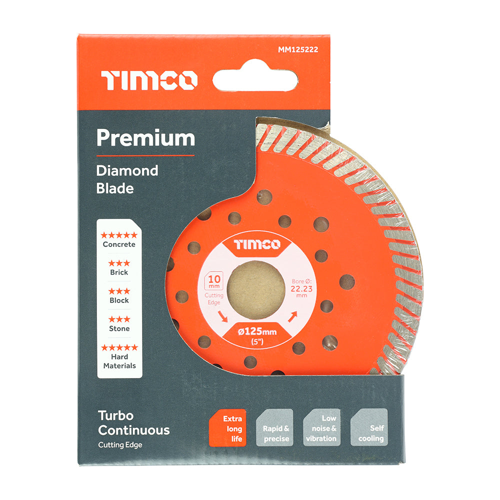 This is an image showing TIMCO Premium Diamond Blade - Turbo Continuous  - 125 x 22.2 - 1 Each Box available from T.H Wiggans Ironmongery in Kendal, quick delivery at discounted prices.