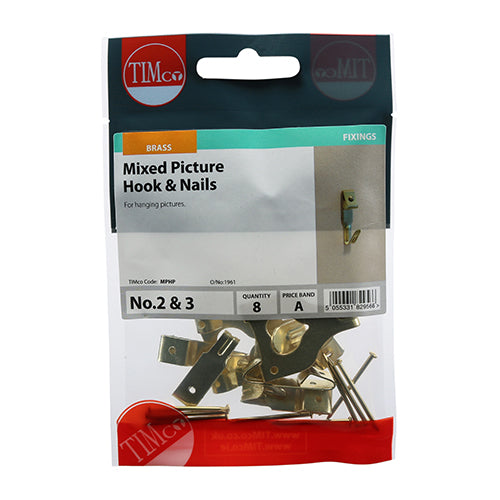 This is an image showing TIMCO Mixed Picture Hanging Hooks - Electro Brass - Mixed - 8 Pieces TIMpac available from T.H Wiggans Ironmongery in Kendal, quick delivery at discounted prices.