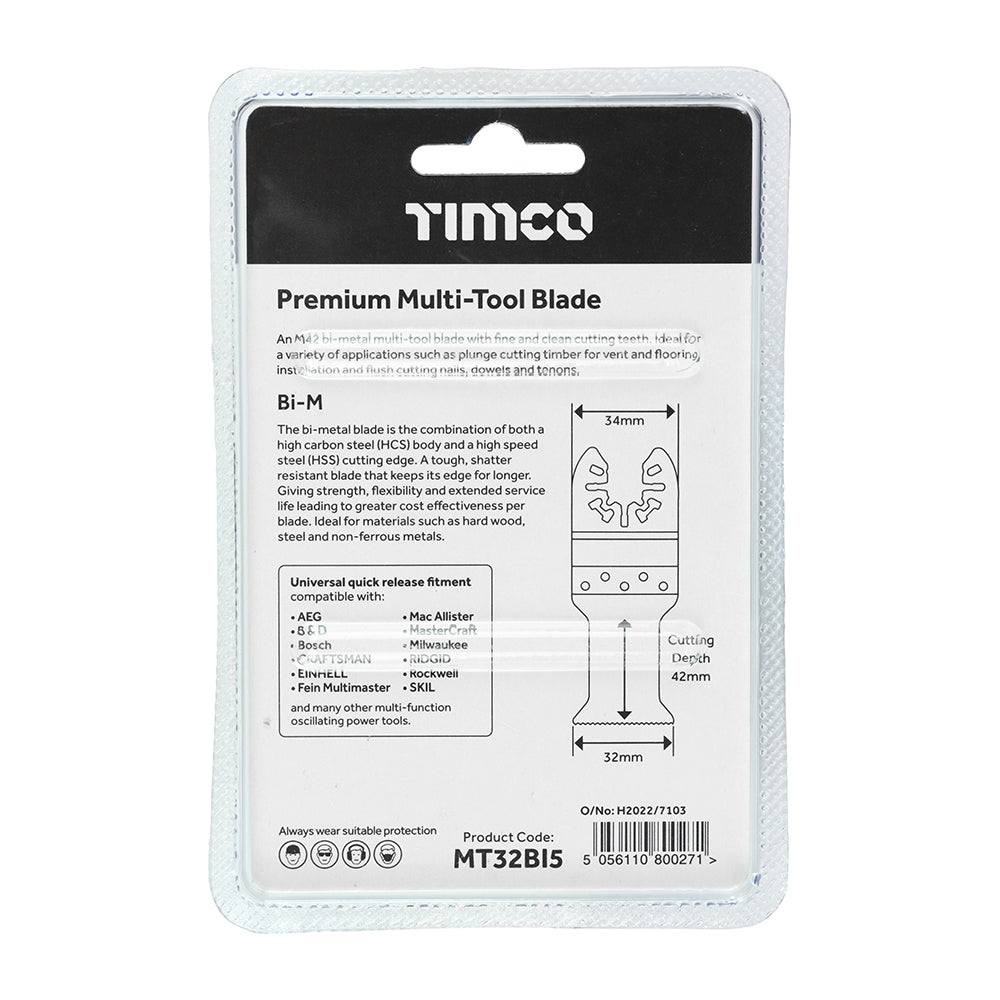 This is an image showing TIMCO Premium Multi-Tool Blades - Straight - For Wood/Metal - 5pcs - 32mm - 5 Pieces Blister Pack available from T.H Wiggans Ironmongery in Kendal, quick delivery at discounted prices.