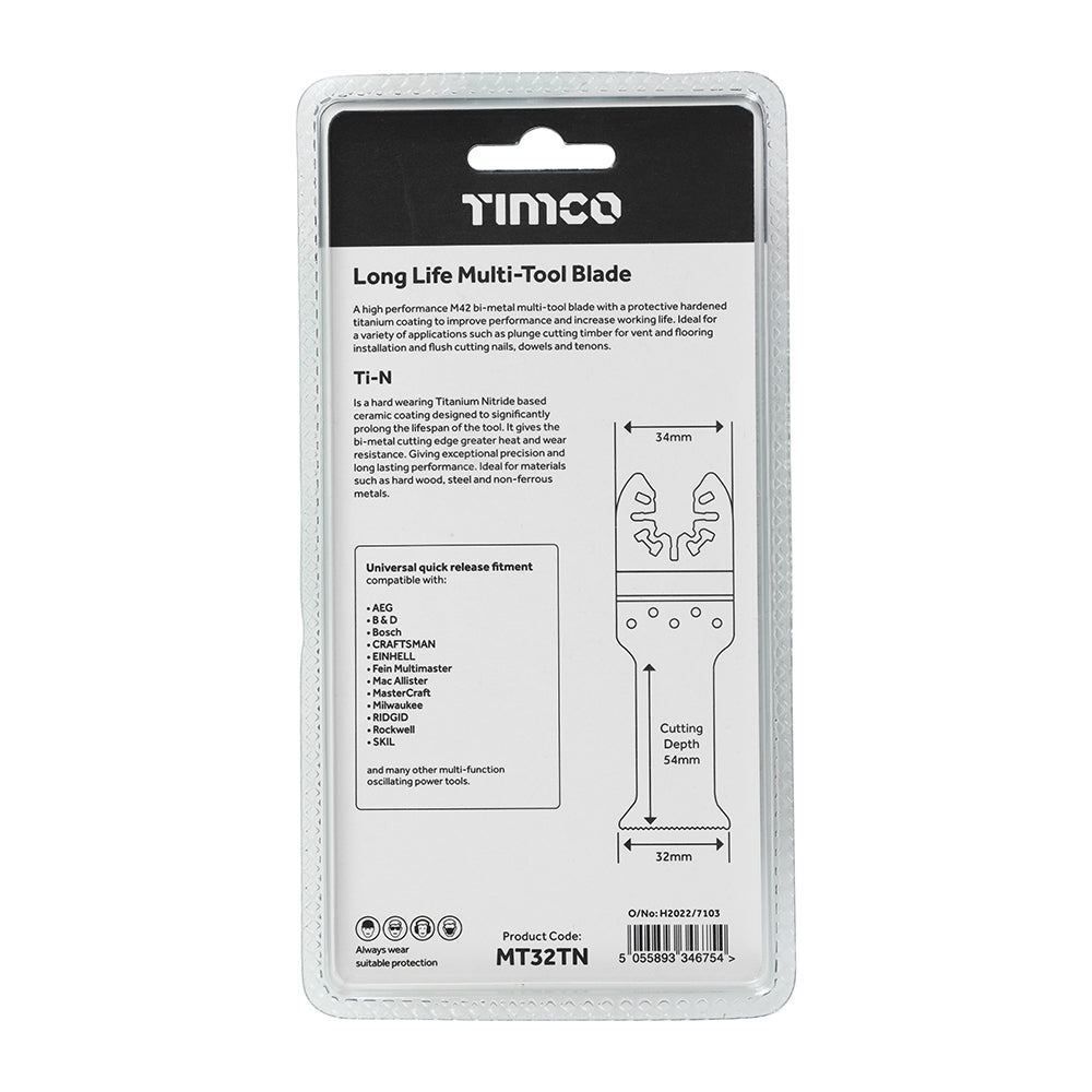 This is an image showing TIMCO Long Life Multi-Tool Blade - Straight - For Wood/Metal - 32mm - 1 Each Blister Pack available from T.H Wiggans Ironmongery in Kendal, quick delivery at discounted prices.