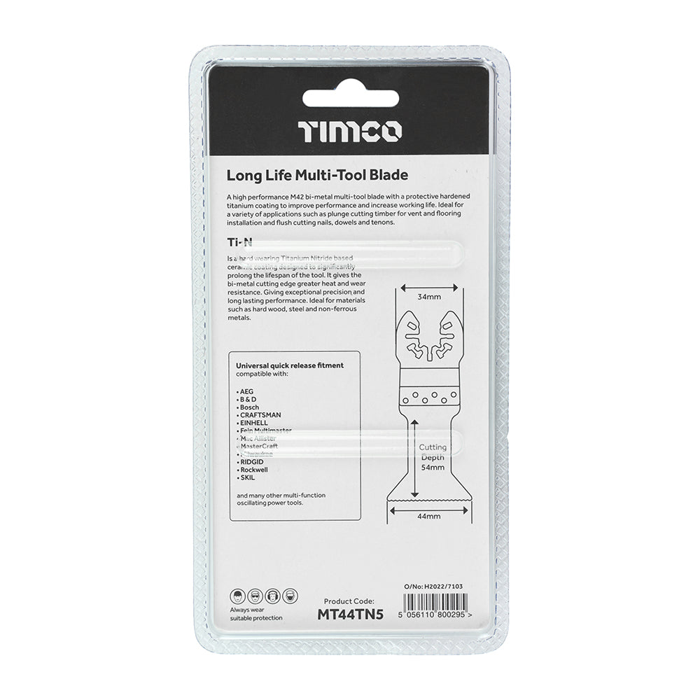 This is an image showing TIMCO Long Life Multi-Tool Blades - Straight - For Wood/Metal - 5pcs - 44mm - 5 Pieces Blister Pack available from T.H Wiggans Ironmongery in Kendal, quick delivery at discounted prices.