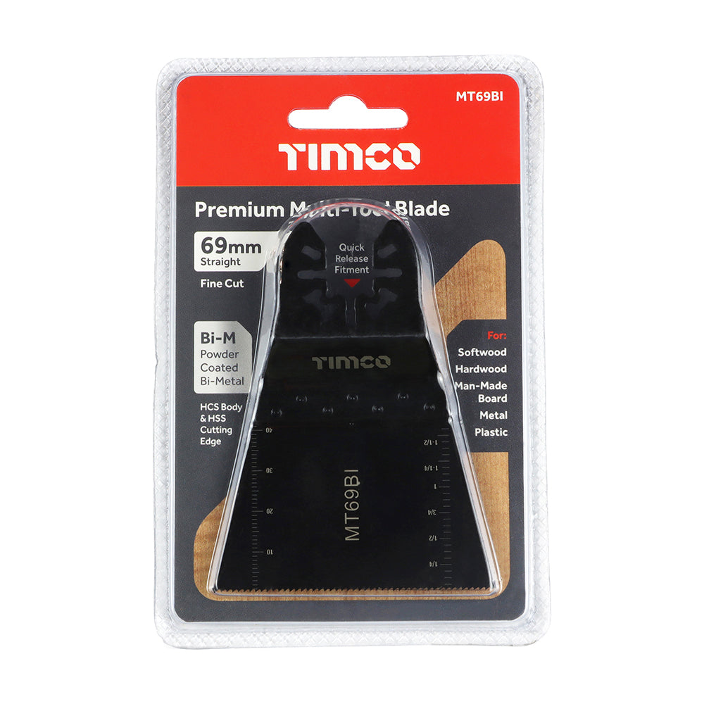 This is an image showing TIMCO Premium Multi-Tool Blade - Straight - For Wood/Metal - 69mm - 1 Each Blister Pack available from T.H Wiggans Ironmongery in Kendal, quick delivery at discounted prices.