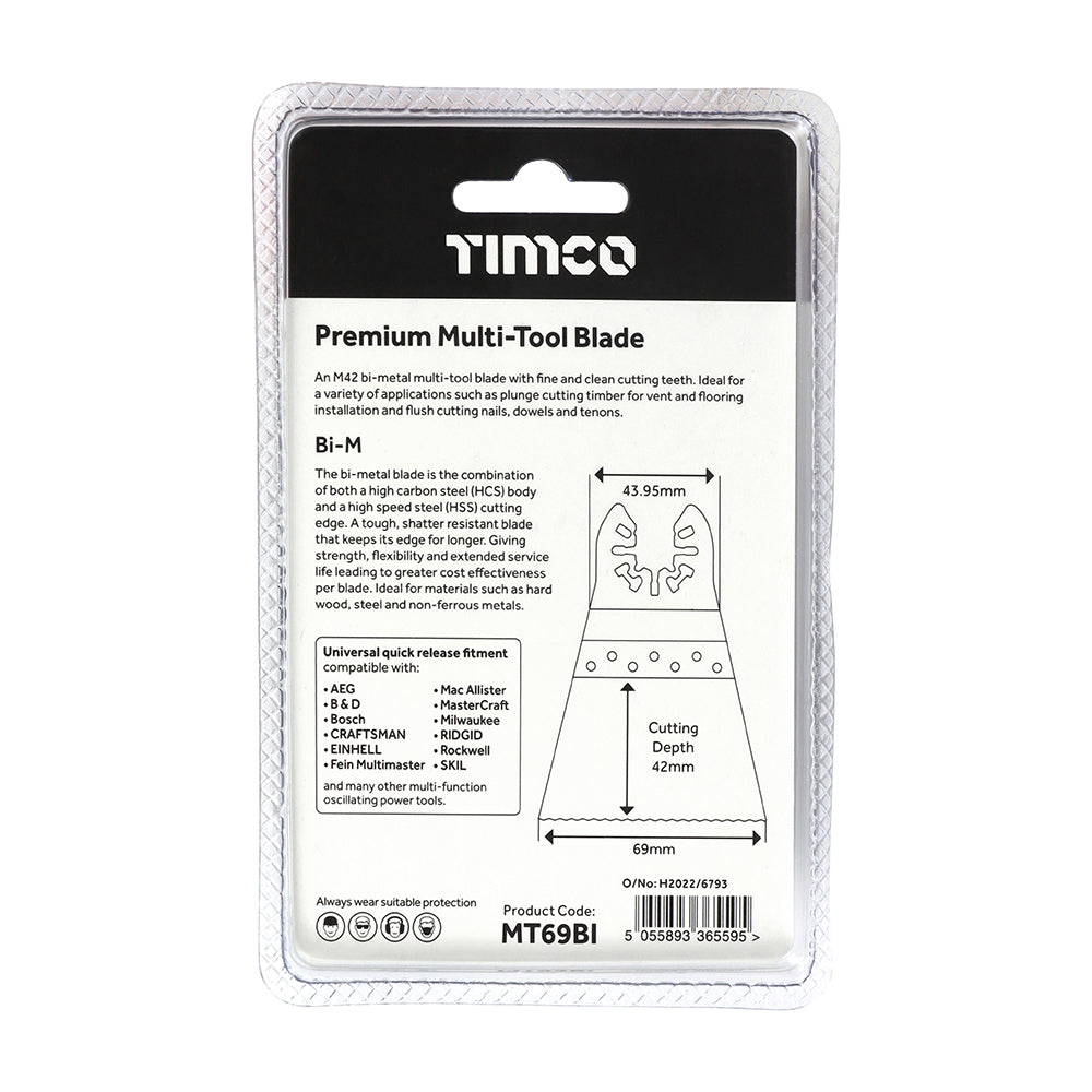 This is an image showing TIMCO Premium Multi-Tool Blade - Straight - For Wood/Metal - 69mm - 1 Each Blister Pack available from T.H Wiggans Ironmongery in Kendal, quick delivery at discounted prices.