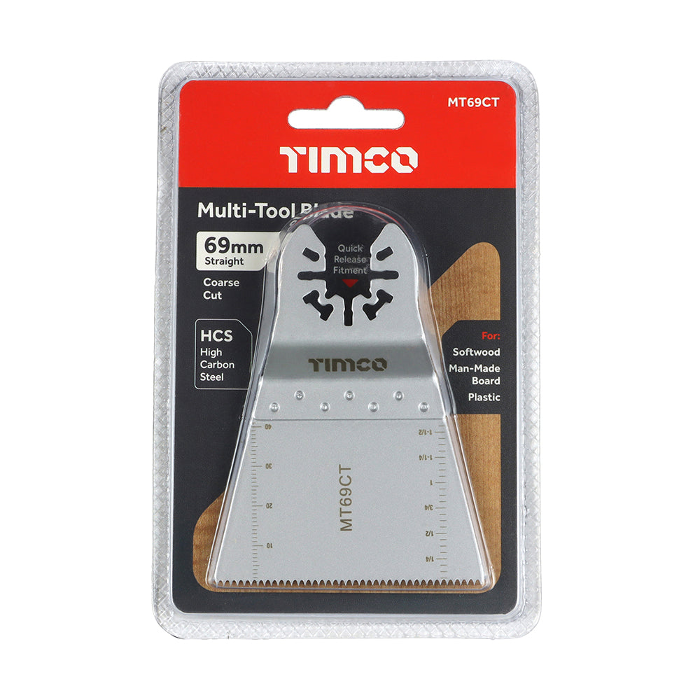 This is an image showing TIMCO Multi-Tool Blade - Straight Coarse - For Wood - 69mm - 1 Each Blister Pack available from T.H Wiggans Ironmongery in Kendal, quick delivery at discounted prices.