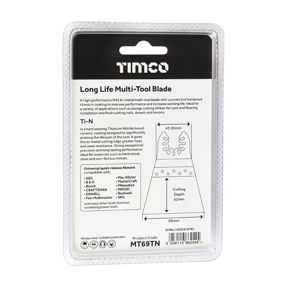 This is an image showing TIMCO Long Life Multi-Tool Blades - Straight - For Wood/Metal - 69mm - 1 Each Blister Pack available from T.H Wiggans Ironmongery in Kendal, quick delivery at discounted prices.