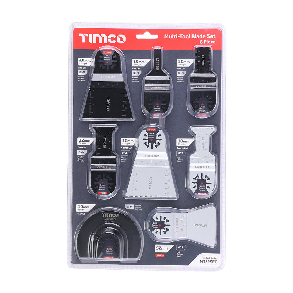 This is an image showing TIMCO Multi-Tool Blade Sets - 8 Piece Set - Mixed - 1 Each Blister Pack available from T.H Wiggans Ironmongery in Kendal, quick delivery at discounted prices.