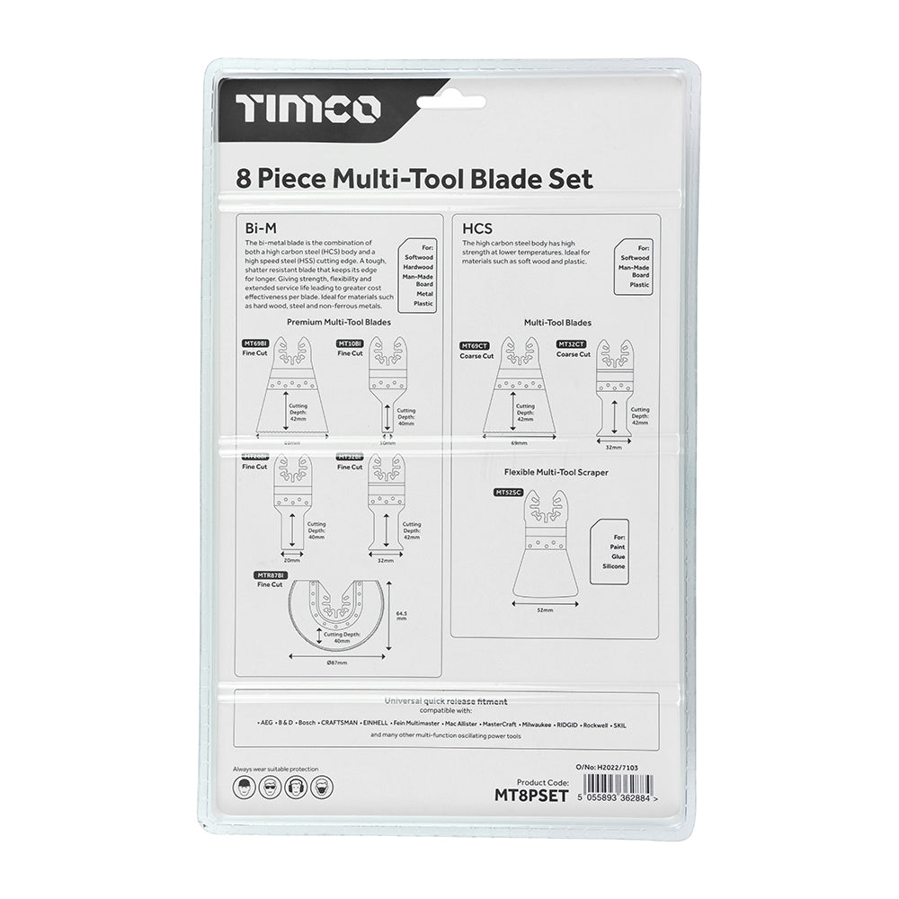 This is an image showing TIMCO Multi-Tool Blade Sets - 8 Piece Set - Mixed - 1 Each Blister Pack available from T.H Wiggans Ironmongery in Kendal, quick delivery at discounted prices.