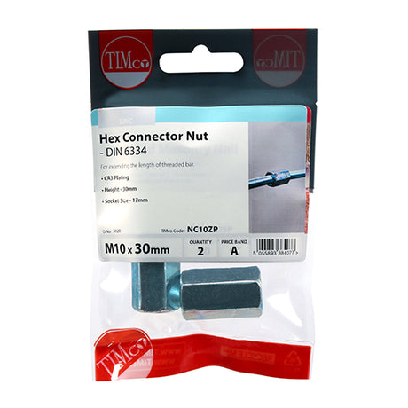 This is an image showing TIMCO Hex Connector Nuts - Zinc - M10 - 2 Pieces TIMpac available from T.H Wiggans Ironmongery in Kendal, quick delivery at discounted prices.