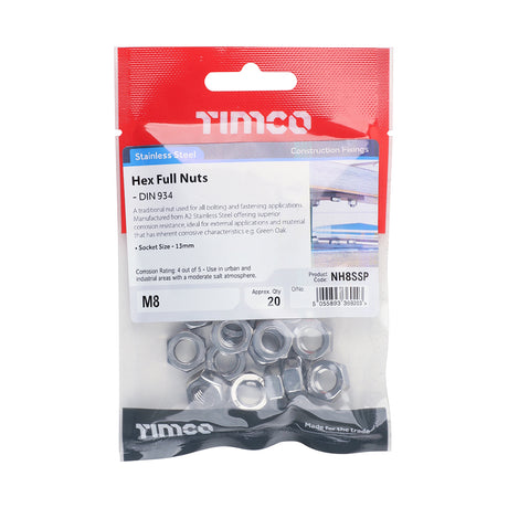 This is an image showing TIMCO Hex Full Nuts - Stainless Steel - M8 - 20 Pieces TIMpac available from T.H Wiggans Ironmongery in Kendal, quick delivery at discounted prices.