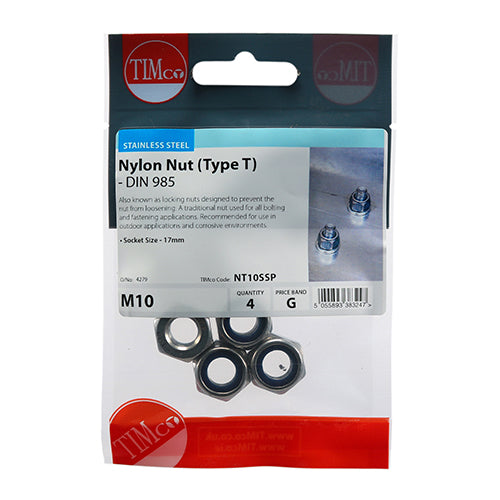 This is an image showing TIMCO Nylon Nuts - Type T - Stainless Steel - M10 - 4 Pieces TIMpac available from T.H Wiggans Ironmongery in Kendal, quick delivery at discounted prices.