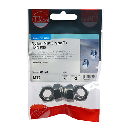 This is an image showing TIMCO Nylon Nuts - Type T - Stainless Steel - M12 - 4 Pieces TIMpac available from T.H Wiggans Ironmongery in Kendal, quick delivery at discounted prices.