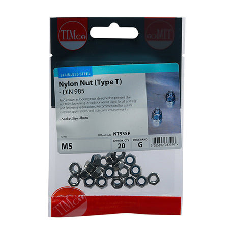 This is an image showing TIMCO Nylon Nuts - Type T - Stainless Steel - M5 - 20 Pieces TIMpac available from T.H Wiggans Ironmongery in Kendal, quick delivery at discounted prices.