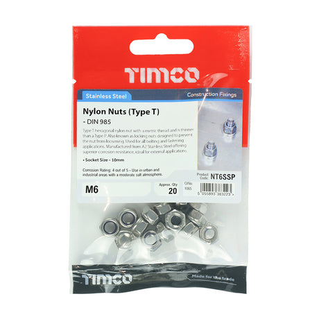 This is an image showing TIMCO Nylon Nuts - Type T - Stainless Steel - M6 - 20 Pieces TIMpac available from T.H Wiggans Ironmongery in Kendal, quick delivery at discounted prices.