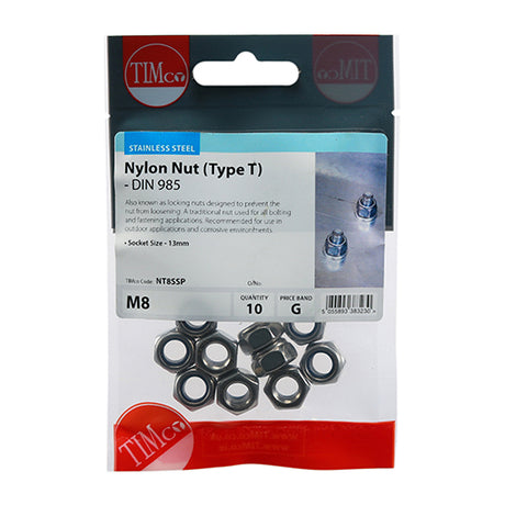 This is an image showing TIMCO Nylon Nuts - Type T - Stainless Steel - M8 - 10 Pieces TIMpac available from T.H Wiggans Ironmongery in Kendal, quick delivery at discounted prices.