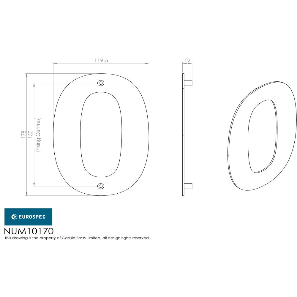 This image is a line drwaing of a Eurospec - Stainless Steel 7" Numerals (0-9) (Number 0) - Bright Stainless Steel available to order from Trade Door Handles in Kendal
