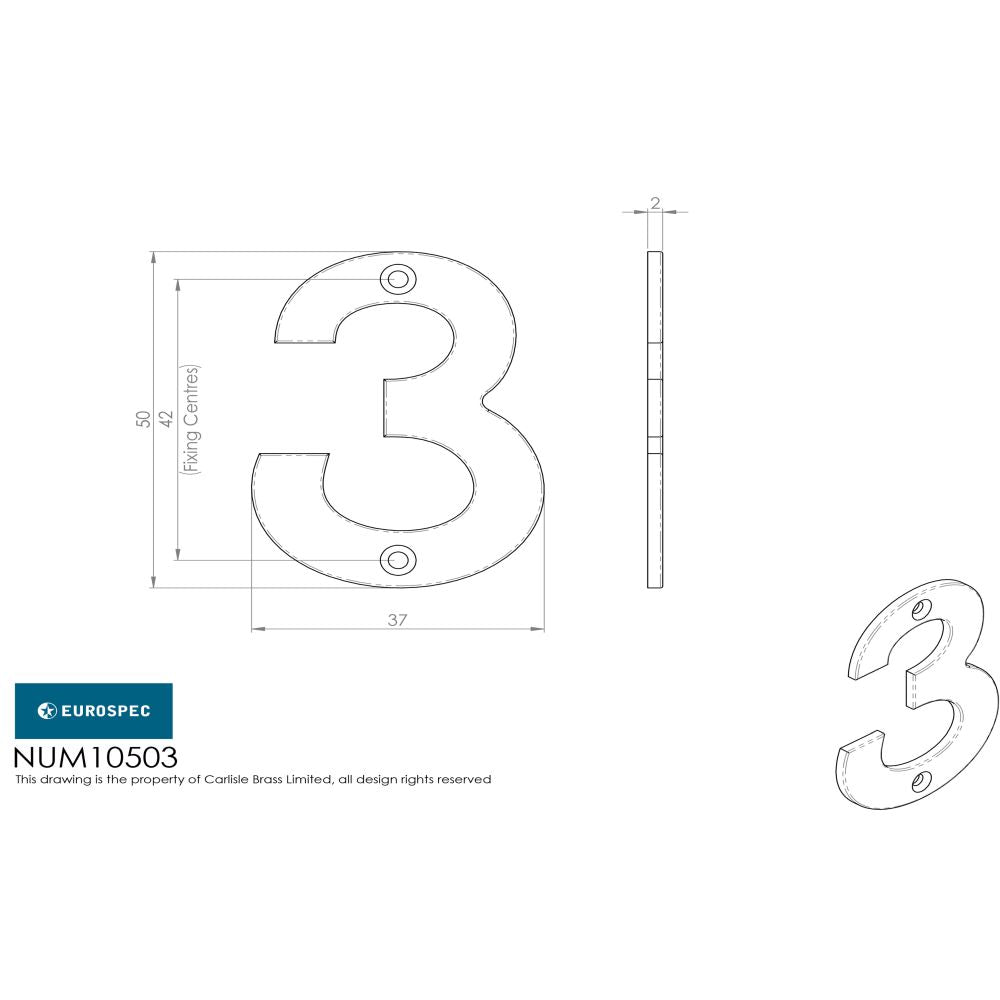 This is an image of Eurospec - Numerals Number 3 - Bright Stainless Steel available to order from T.H Wiggans Architectural Ironmongery in Kendal, quick delivery and discounted prices.