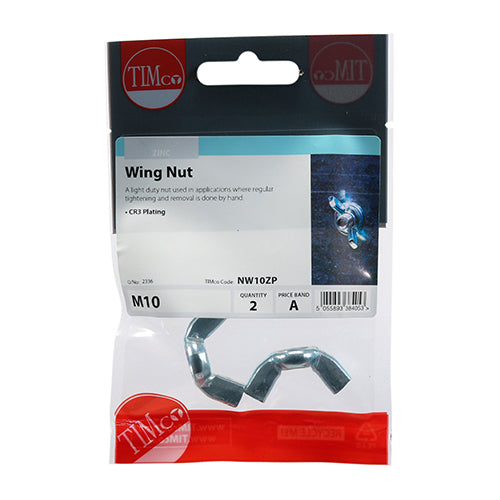 This is an image showing TIMCO Wing Nuts - Zinc - M10 - 2 Pieces TIMpac available from T.H Wiggans Ironmongery in Kendal, quick delivery at discounted prices.