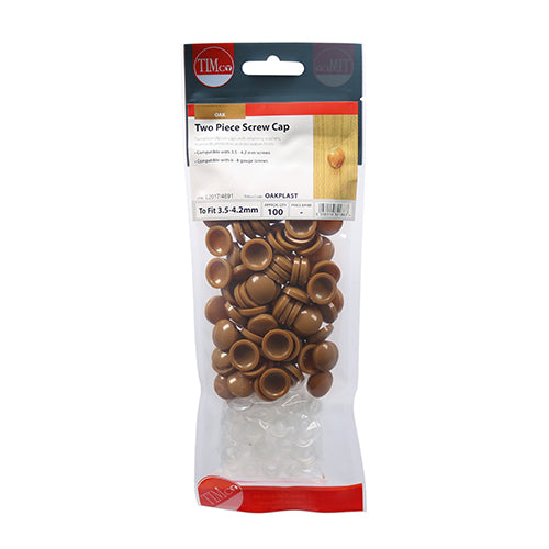 This is an image showing TIMCO Two Piece Screw Caps - Oak - To Fit 3.5 to 4.2 Screw - 100 Pieces TIMpac available from T.H Wiggans Ironmongery in Kendal, quick delivery at discounted prices.