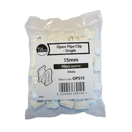 This is an image showing TIMCO Pipe Clips - Open - Single - 15mm - 50 Pieces Bag available from T.H Wiggans Ironmongery in Kendal, quick delivery at discounted prices.