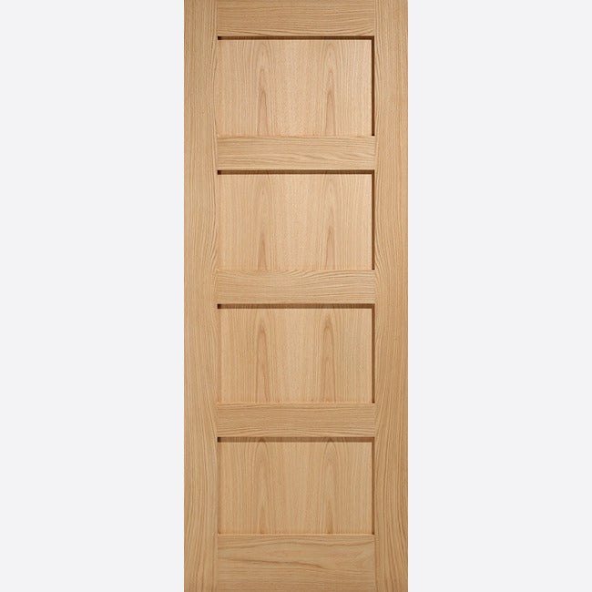 This is an image showing LPD - Shaker 4P Unfinished Oak Doors 762 x 1981 FD 30 available from T.H Wiggans Ironmongery in Kendal, quick delivery at discounted prices.