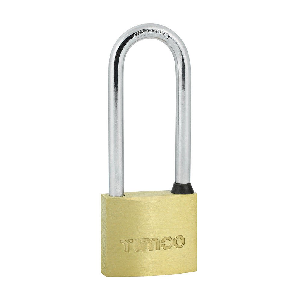 This is an image showing TIMCO Brass Padlock Long Shackle - 40mm - 1 Each Blister Pack available from T.H Wiggans Ironmongery in Kendal, quick delivery at discounted prices.
