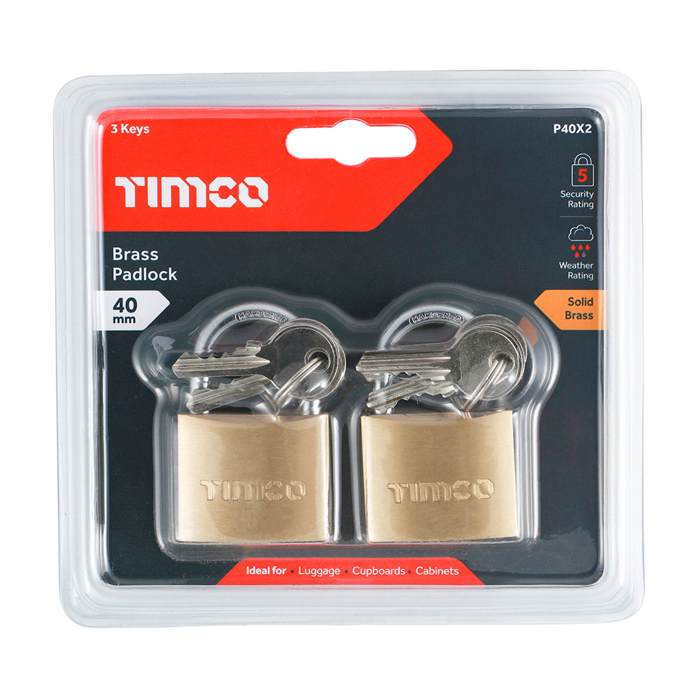 This is an image showing TIMCO Brass Padlock - 40mm - 2 Pieces Blister Pack available from T.H Wiggans Ironmongery in Kendal, quick delivery at discounted prices.