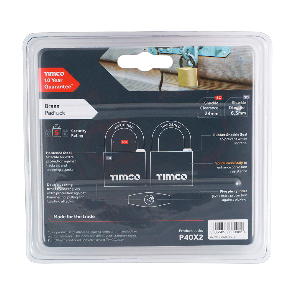 This is an image showing TIMCO Brass Padlock - 40mm - 2 Pieces Blister Pack available from T.H Wiggans Ironmongery in Kendal, quick delivery at discounted prices.