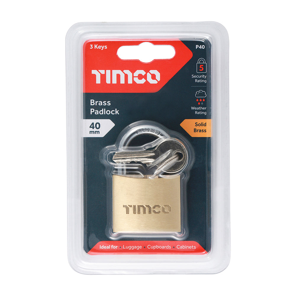 This is an image showing TIMCO Brass Padlock - 40mm - 1 Each Blister Pack available from T.H Wiggans Ironmongery in Kendal, quick delivery at discounted prices.