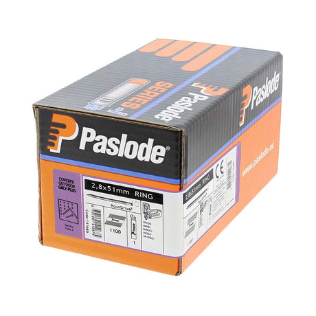 This is an image showing TIMCO Paslode IM360Ci Nails & Fuel Cells Retail Pack - Ring Shank - Galvanised + - 141080 - 2.8 x 51/1CFC - 1100 Pieces Box available from T.H Wiggans Ironmongery in Kendal, quick delivery at discounted prices.