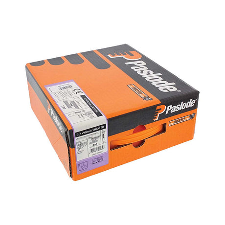This is an image showing TIMCO Paslode IM350+ Nails & Fuel Cells Trade Pack - Plain Shank - Galvanised + - 141234 - 3.1 x 90/2CFC - 2200 Pieces Box available from T.H Wiggans Ironmongery in Kendal, quick delivery at discounted prices.