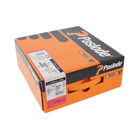 This is an image showing TIMCO Paslode IM350+ Nails & Fuel Cells Trade Pack - Unilock Shank - Hot Dipped Galvanised - 141236 - 3.1 x 90/2CFC - 2200 Pieces Box available from T.H Wiggans Ironmongery in Kendal, quick delivery at discounted prices.