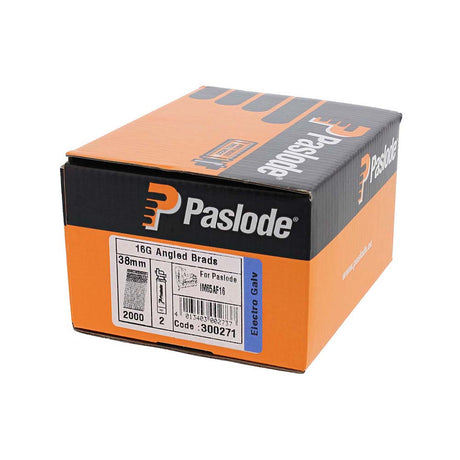 This is an image showing TIMCO Paslode IM65A Brads & Fuel Cells Pack - Angled - Electro Galvanised - 300271 - 16g x 38/2BFC - 2000 Pieces Box available from T.H Wiggans Ironmongery in Kendal, quick delivery at discounted prices.