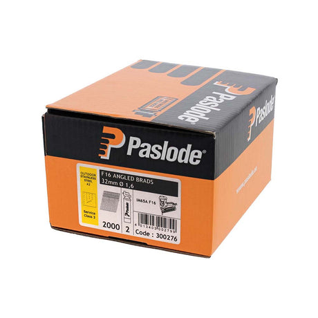 This is an image showing TIMCO Paslode IM65A Brads & Fuel Cells Pack - Angled - Stainless Steel - 300276 - 16g x 32/2BFC - 2000 Pieces Box available from T.H Wiggans Ironmongery in Kendal, quick delivery at discounted prices.