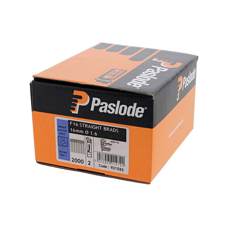 This is an image showing TIMCO Paslode IM65 Brads & Fuel Cells Pack - Straight - Electro Galvanised - 921585 - 16g x 16/2BFC - 2000 Pieces Box available from T.H Wiggans Ironmongery in Kendal, quick delivery at discounted prices.