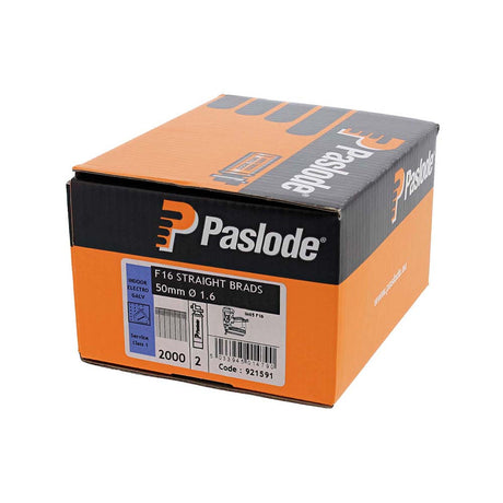 This is an image showing TIMCO Paslode IM65 Brads & Fuel Cells Pack - Straight - Electro Galvanised - 921591 - 16g x 50/2BFC - 2000 Pieces Box available from T.H Wiggans Ironmongery in Kendal, quick delivery at discounted prices.