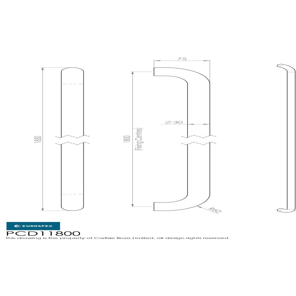 This image is a line drwaing of a Eurospec - 30mm D Pull Handles 1800mm Centres - Satin Stainless Steel available to order from Trade Door Handles in Kendal