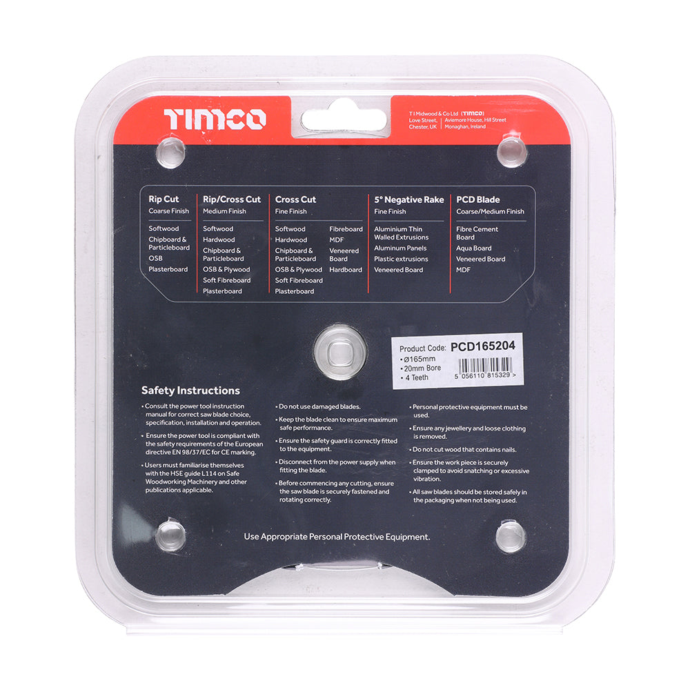 This is an image showing TIMCO PCD Fibre Cement Saw Blade - 165 x 20 x 4T - 1 Each Clamshell available from T.H Wiggans Ironmongery in Kendal, quick delivery at discounted prices.