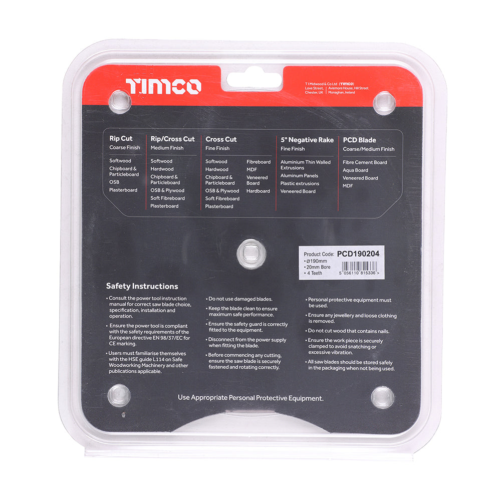 This is an image showing TIMCO PCD Fibre Cement Saw Blade - 190 x 20 x 4T - 1 Each Clamshell available from T.H Wiggans Ironmongery in Kendal, quick delivery at discounted prices.