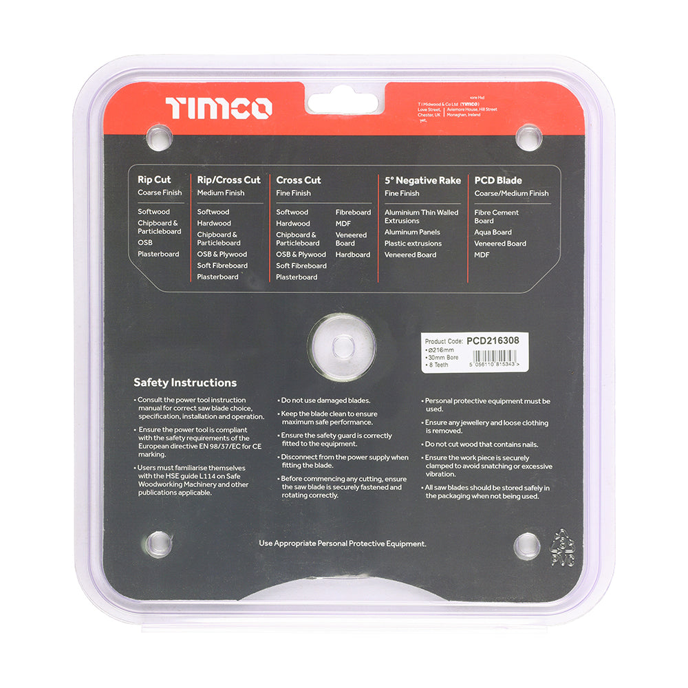 This is an image showing TIMCO PCD Fibre Cement Saw Blade - 216 x 30 x 8T - 1 Each Clamshell available from T.H Wiggans Ironmongery in Kendal, quick delivery at discounted prices.