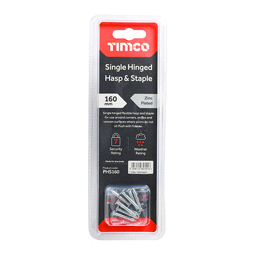 This is an image showing TIMCO Single Hinged Hasp & Staple - Zinc - 160mm - 1 Each Blister Pack available from T.H Wiggans Ironmongery in Kendal, quick delivery at discounted prices.