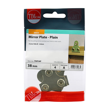 This is an image showing TIMCO Mirror Plates - Plain - Electro Brass - 38mm - 4 Pieces TIMpac available from T.H Wiggans Ironmongery in Kendal, quick delivery at discounted prices.