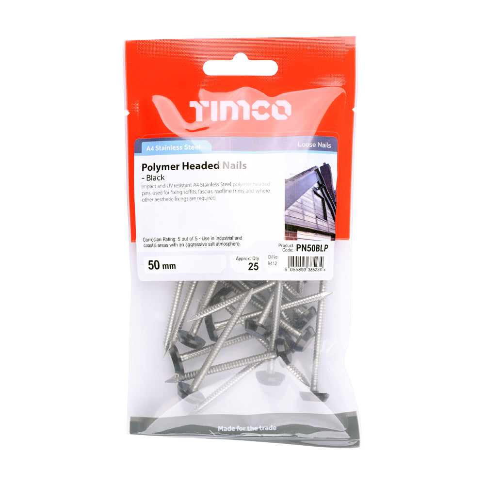 This is an image showing TIMCO Polymer Headed Pins - Stainless Steel - Black - 50mm - 25 Pieces TIMpac available from T.H Wiggans Ironmongery in Kendal, quick delivery at discounted prices.