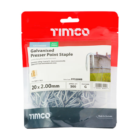This is an image showing TIMCO Presser Point Staples - Galvanised - 20 x 2.00 - 0.5 Kilograms TIMbag available from T.H Wiggans Ironmongery in Kendal, quick delivery at discounted prices.