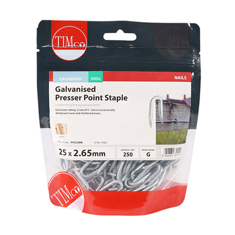 This is an image showing TIMCO Presser Point Staples - Galvanised - 25 x 2.65 - 0.5 Kilograms TIMbag available from T.H Wiggans Ironmongery in Kendal, quick delivery at discounted prices.