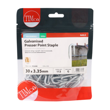 This is an image showing TIMCO Presser Point Staples - Galvanised - 30 x 3.35 - 0.5 Kilograms TIMbag available from T.H Wiggans Ironmongery in Kendal, quick delivery at discounted prices.