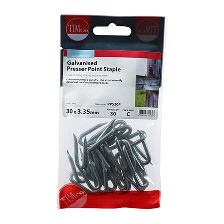 This is an image showing TIMCO Presser Point Staples - Galvanised - 30 x 3.35 - 30 Pieces TIMpac available from T.H Wiggans Ironmongery in Kendal, quick delivery at discounted prices.
