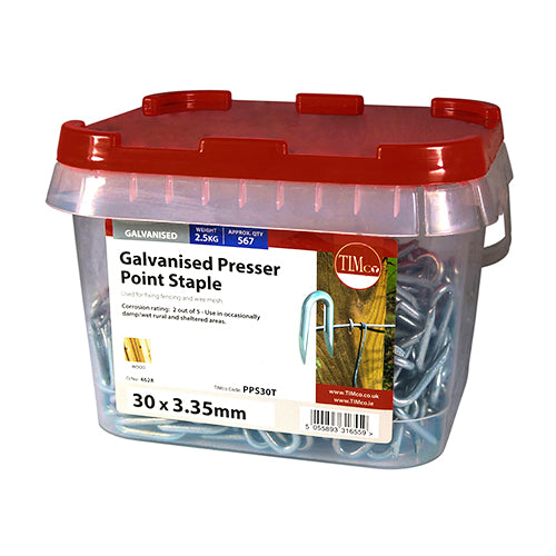 This is an image showing TIMCO Presser Point Staples - Galvanised - 30 x 3.35 - 2.5 Kilograms TIMtub available from T.H Wiggans Ironmongery in Kendal, quick delivery at discounted prices.