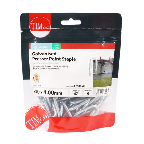This is an image showing TIMCO Presser Point Staples - Galvanised - 40 x 4.00 - 0.5 Kilograms TIMbag available from T.H Wiggans Ironmongery in Kendal, quick delivery at discounted prices.