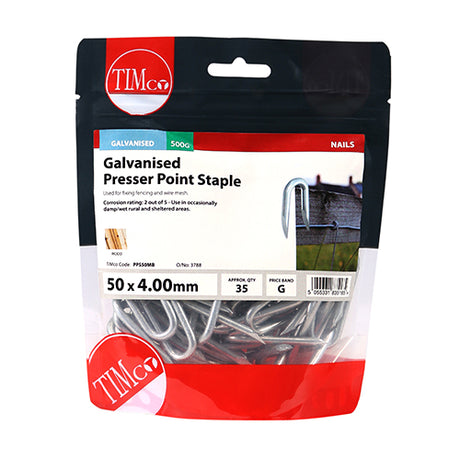 This is an image showing TIMCO Presser Point Staples - Galvanised - 50 x 4.00 - 0.5 Kilograms TIMbag available from T.H Wiggans Ironmongery in Kendal, quick delivery at discounted prices.