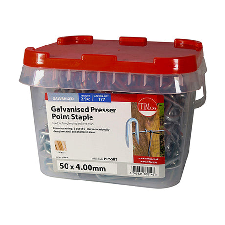 This is an image showing TIMCO Presser Point Staples - Galvanised - 50 x 4.00 - 2.5 Kilograms TIMtub available from T.H Wiggans Ironmongery in Kendal, quick delivery at discounted prices.